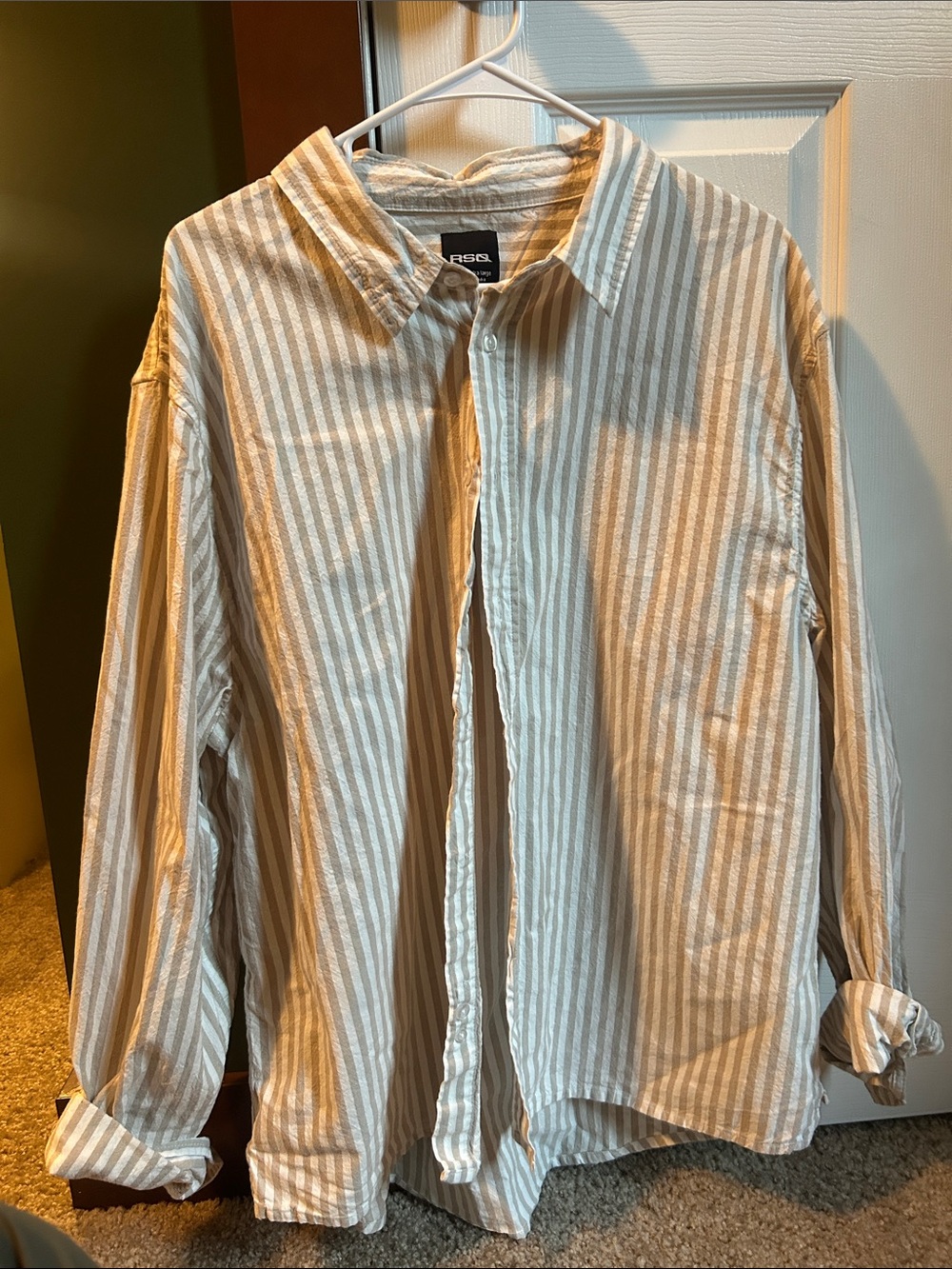 RSQ Beige and White Striped Button-Down Shirt